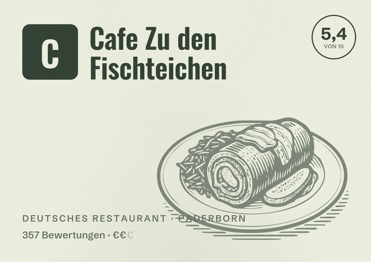 Illustriertes Poster von Cafe Zu den Fischteichen, Deutsches Restaurant in Paderborn: Bewertung 5,4 von 10 aus 357 Bewertungen, Preisniveau €€