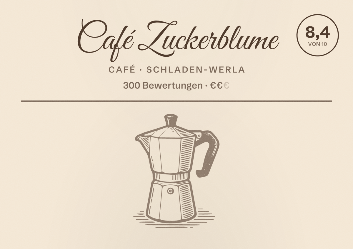 Illustriertes Poster von Café Zuckerblume, Café in Schladen-Werla: Bewertung 8,4 von 10 aus 300 Bewertungen, Preisniveau €€