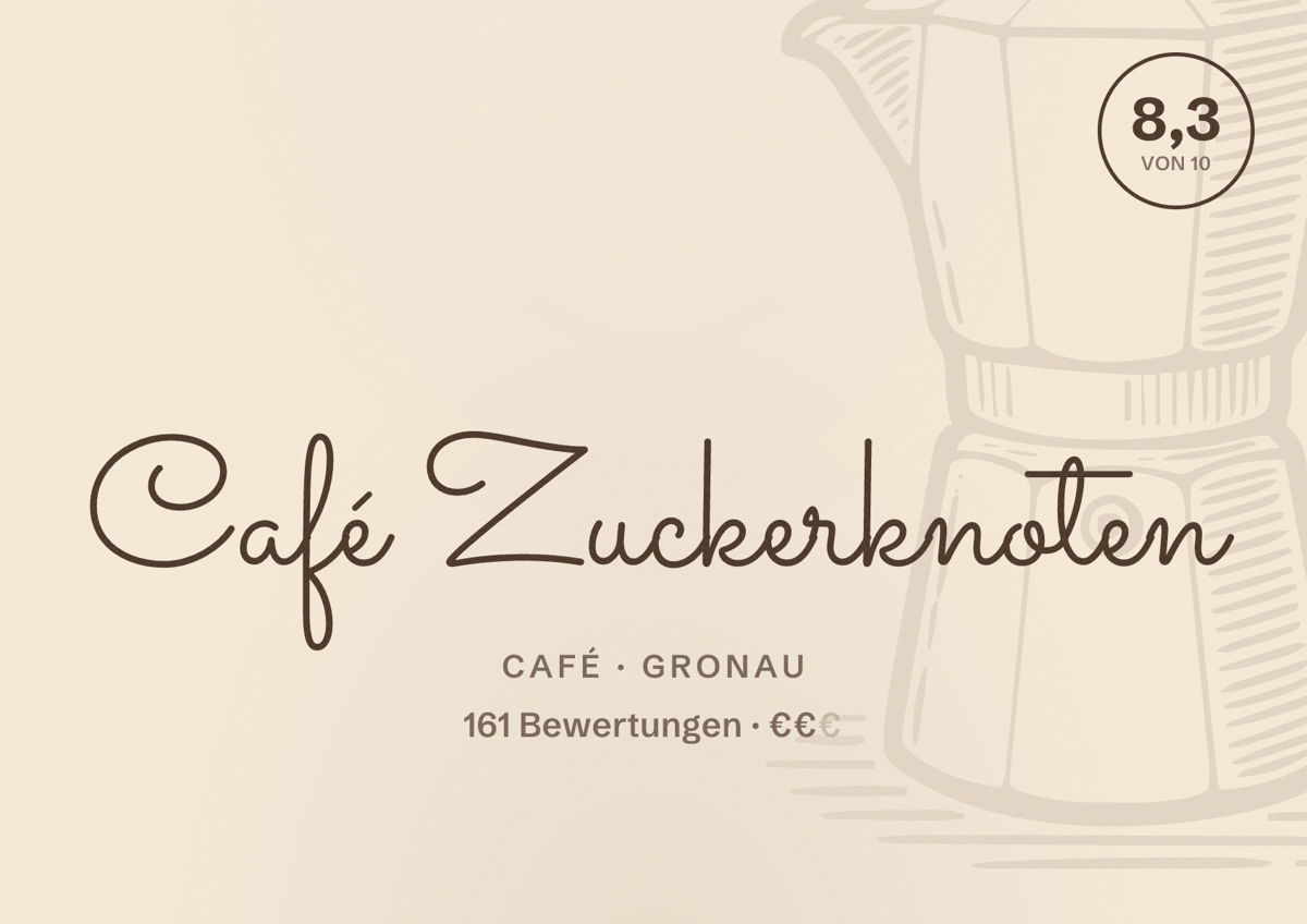 Illustriertes Poster von Café Zuckerknoten, Café in Gronau: Bewertung 8,3 von 10 aus 161 Bewertungen, Preisniveau €€