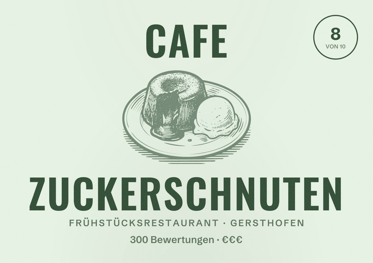 Illustriertes Poster von Cafe Zuckerschnuten, Frühstücksrestaurant in Gersthofen: Bewertung 8 von 10 aus 300 Bewertungen, Preisniveau €€€
