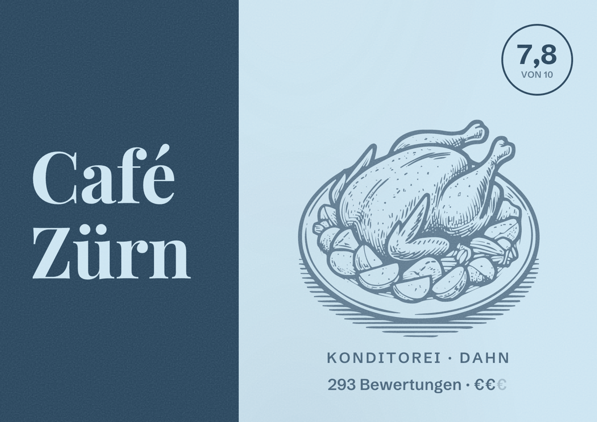 Illustriertes Poster von Café Zürn, Konditorei in Dahn: Bewertung 7,8 von 10 aus 293 Bewertungen, Preisniveau €€