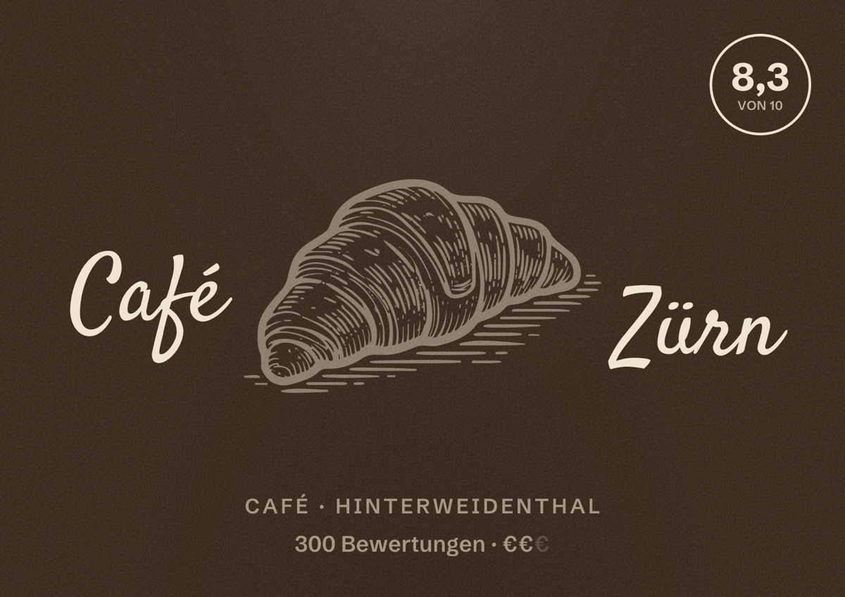 Illustriertes Poster von Café Zürn, Café in Hinterweidenthal: Bewertung 8,3 von 10 aus 300 Bewertungen, Preisniveau €€