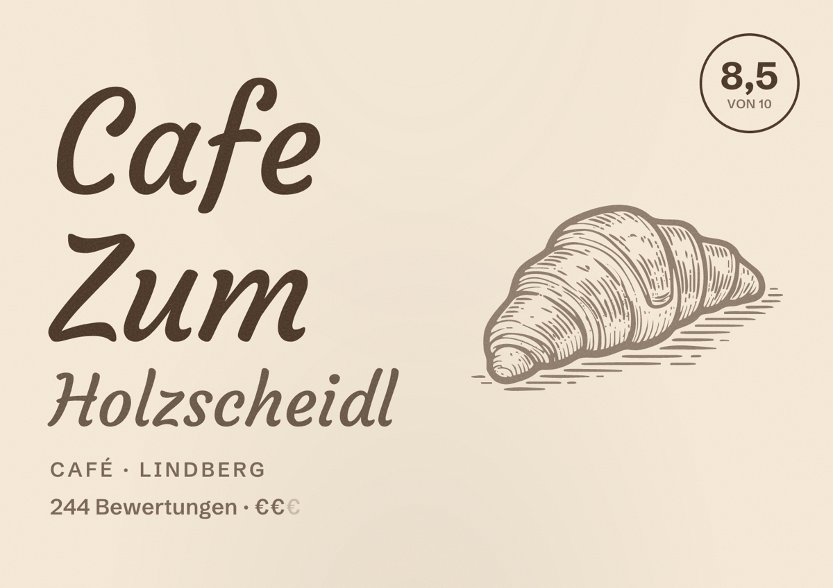 Illustriertes Poster von Cafe Zum Holzscheidl, Café in Lindberg: Bewertung 8,5 von 10 aus 244 Bewertungen, Preisniveau €€