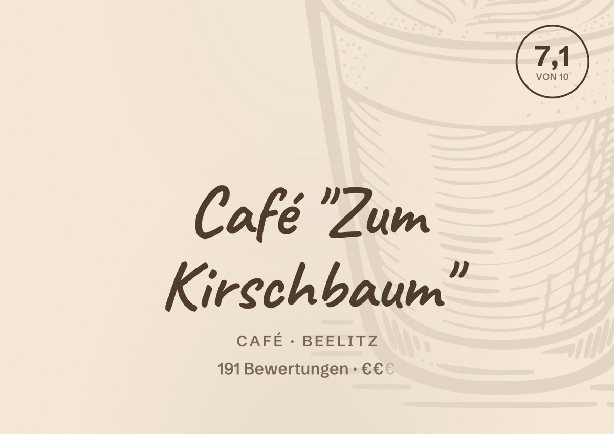 Illustriertes Poster von Café "Zum Kirschbaum", Café in Beelitz: Bewertung 7,1 von 10 aus 191 Bewertungen, Preisniveau €€