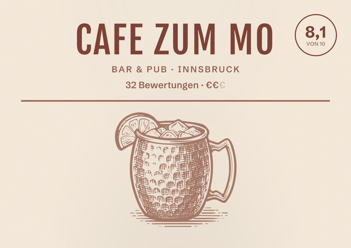 Illustriertes Poster von Cafe Zum Mo, Bar & Pub in Innsbruck: Bewertung 8,1 von 10 aus 32 Bewertungen, Preisniveau €€