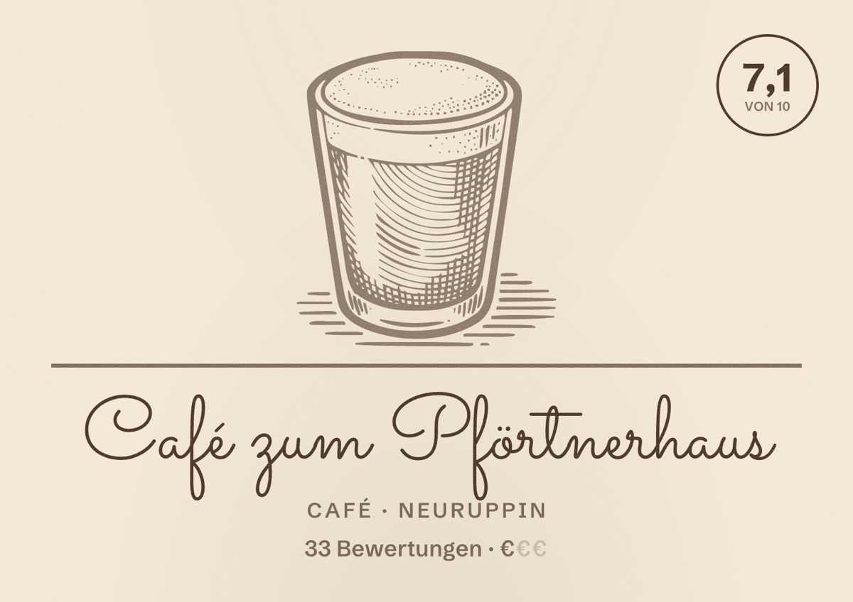 Illustriertes Poster von Café zum Pförtnerhaus, Café in Neuruppin: Bewertung 7,1 von 10 aus 33 Bewertungen, Preisniveau €