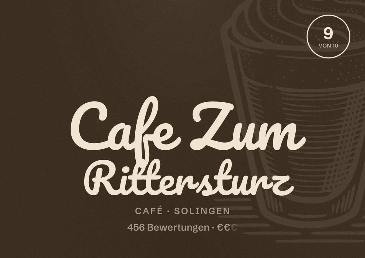 Illustriertes Poster von Cafe Zum Rittersturz, Café in Solingen: Bewertung 9,0 von 10 aus 456 Bewertungen, Preisniveau €€