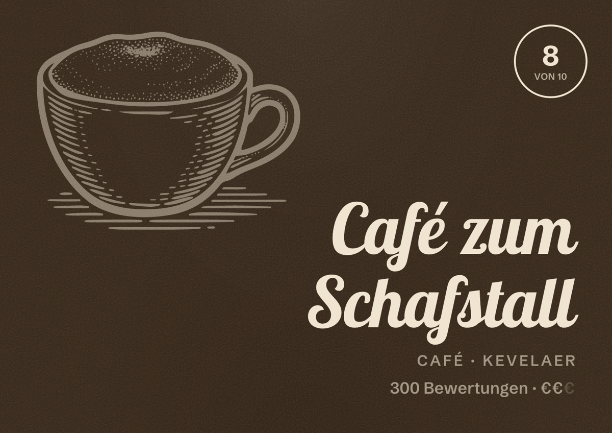 Illustriertes Poster von Café zum Schafstall, Café in Kevelaer: Bewertung 8 von 10 aus 300 Bewertungen, Preisniveau €€