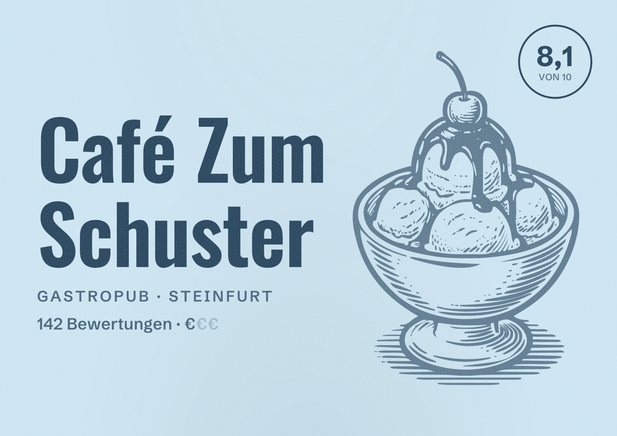 Illustriertes Poster von Café Zum Schuster, Gastropub in Steinfurt: Bewertung 8,1 von 10 aus 142 Bewertungen, Preisniveau €