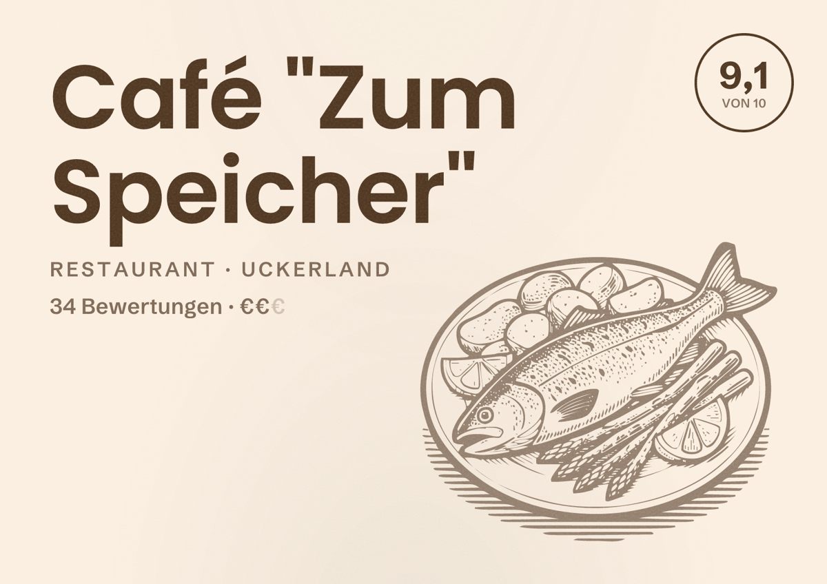 Illustriertes Poster von Café "Zum Speicher", Restaurant in Uckerland: Bewertung 9,1 von 10 aus 34 Bewertungen, Preisniveau €€