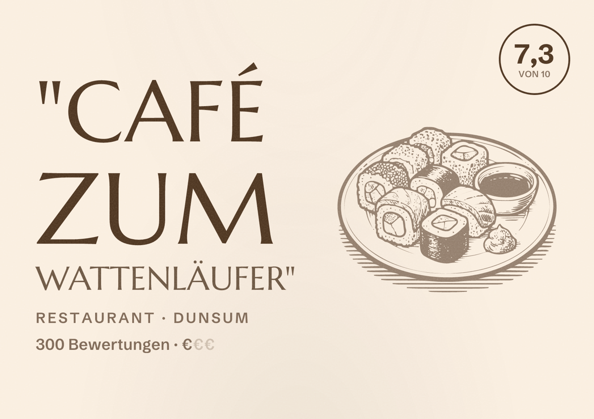 Illustriertes Poster von "Café zum Wattenläufer", Restaurant in Dunsum: Bewertung 7,3 von 10 aus 300 Bewertungen, Preisniveau €