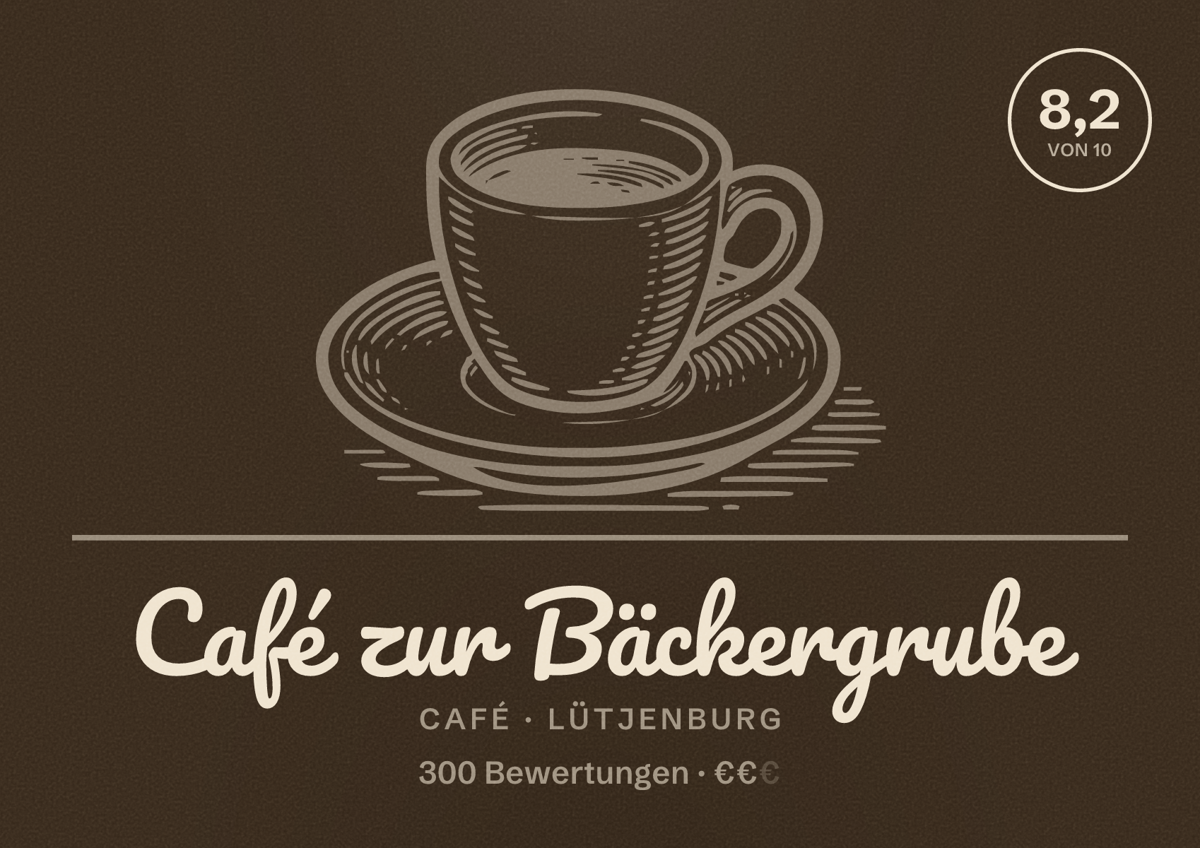 Illustriertes Poster von Café zur Bäckergrube, Café in Lütjenburg: Bewertung 8,2 von 10 aus 300 Bewertungen, Preisniveau €€