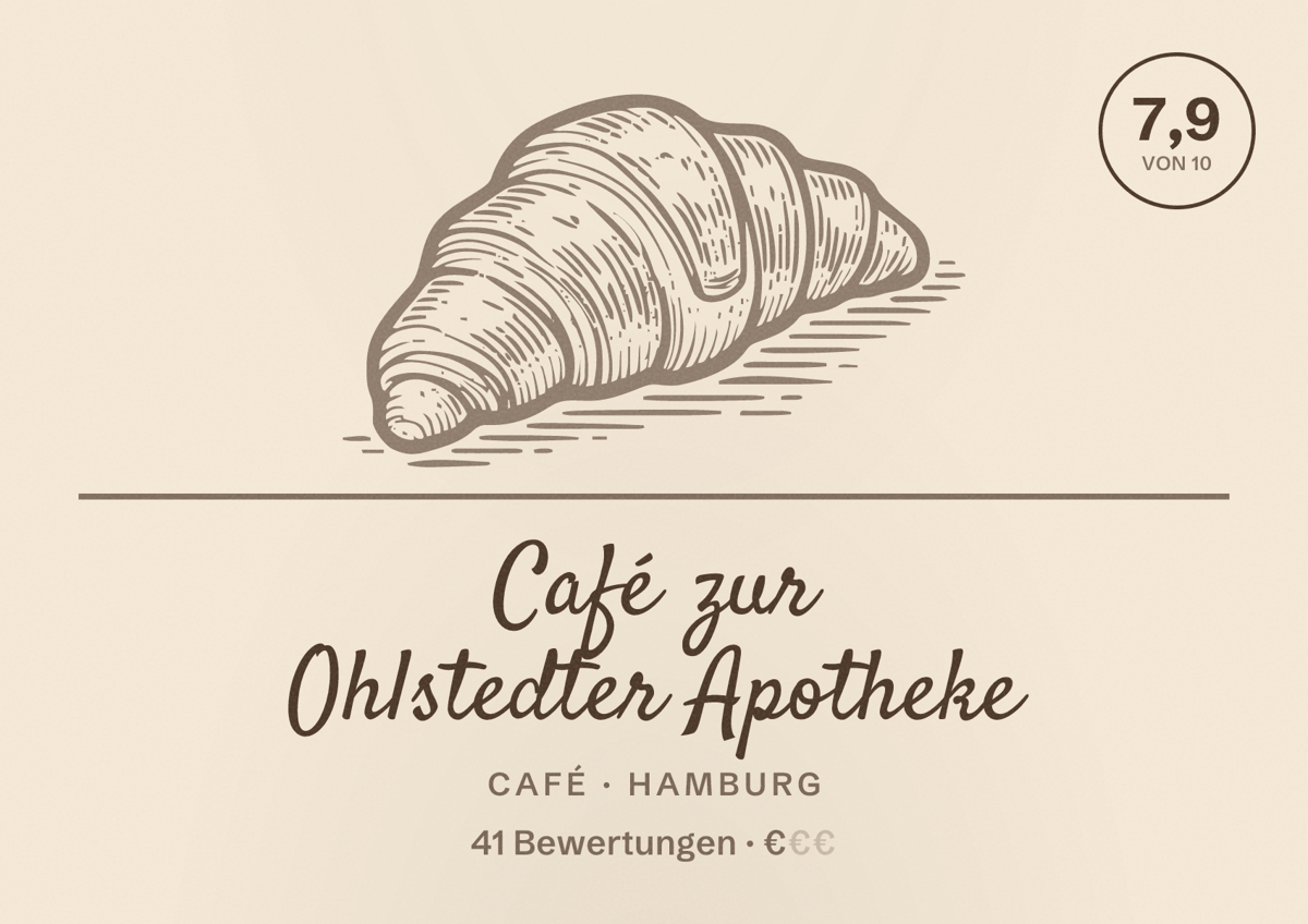 Illustriertes Poster von Café zur Ohlstedter Apotheke, Café in Hamburg: Bewertung 7,9 von 10 aus 41 Bewertungen, Preisniveau €
