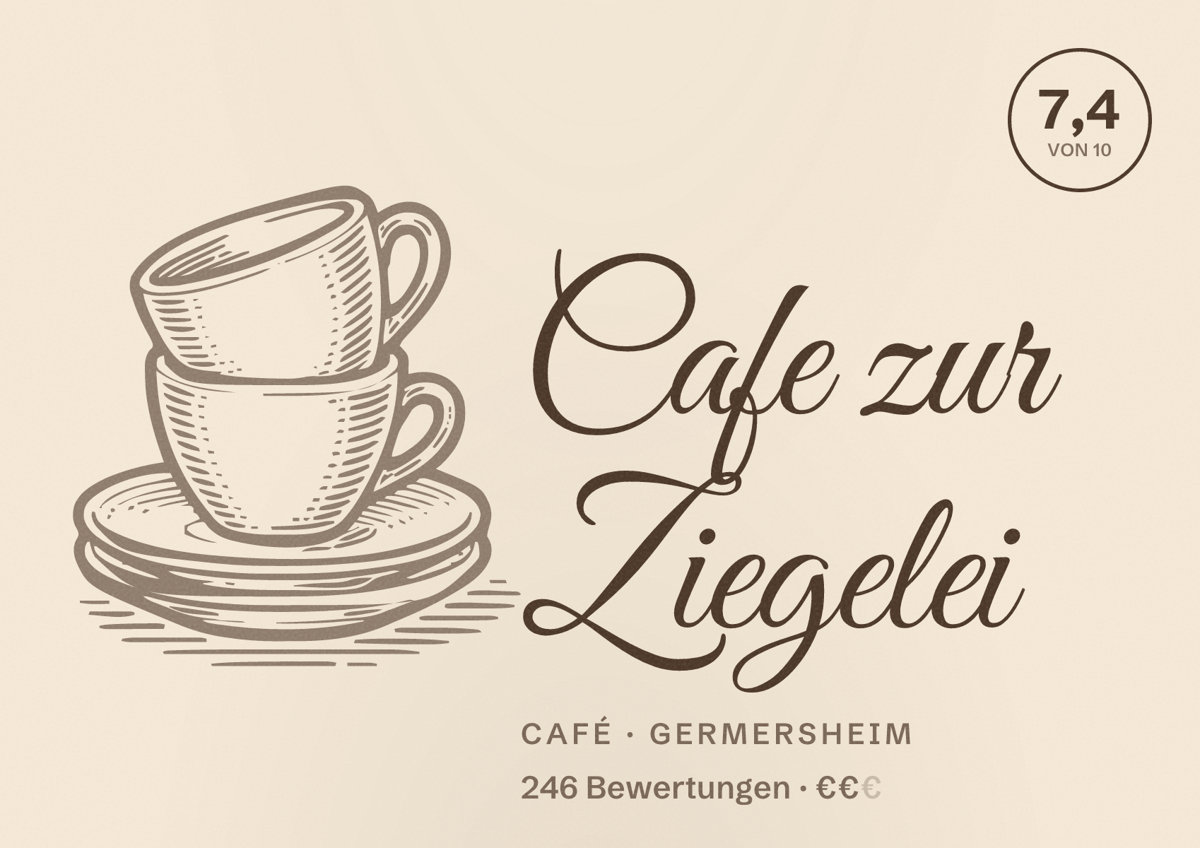 Illustriertes Poster von Cafe zur Ziegelei, Café in Germersheim: Bewertung 7,4 von 10 aus 246 Bewertungen, Preisniveau €€