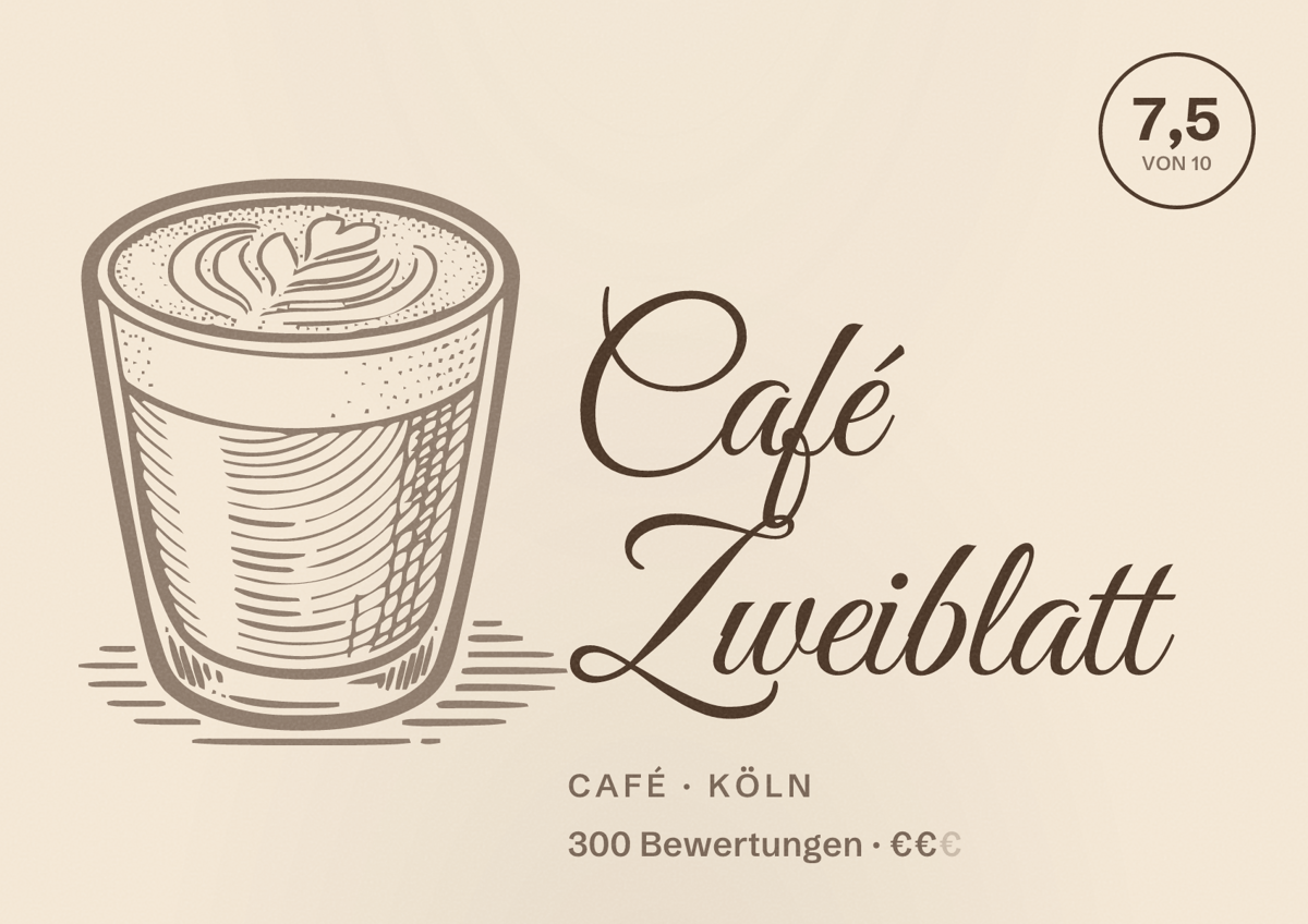 Illustriertes Poster von Café Zweiblatt, Café in Köln: Bewertung 7,5 von 10 aus 300 Bewertungen, Preisniveau €€
