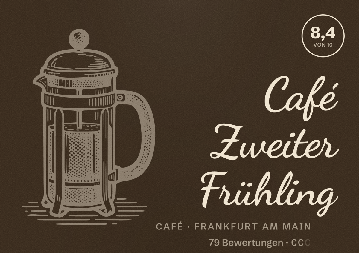 Illustriertes Poster von Café Zweiter Frühling, Café in Frankfurt am Main: Bewertung 8,4 von 10 aus 79 Bewertungen, Preisniveau €€