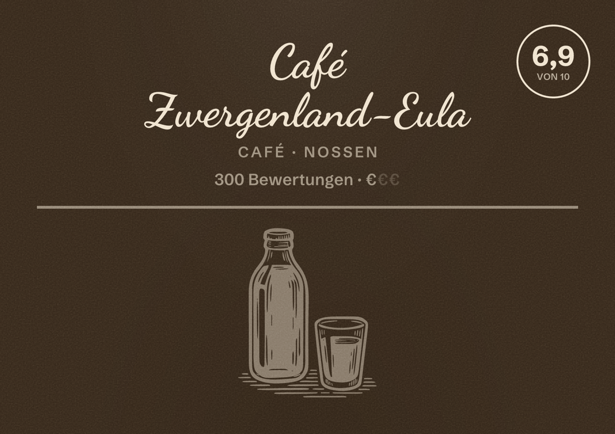 Illustriertes Poster von Café Zwergenland-Eula, Café in Nossen: Bewertung 6,9 von 10 aus 300 Bewertungen, Preisniveau €