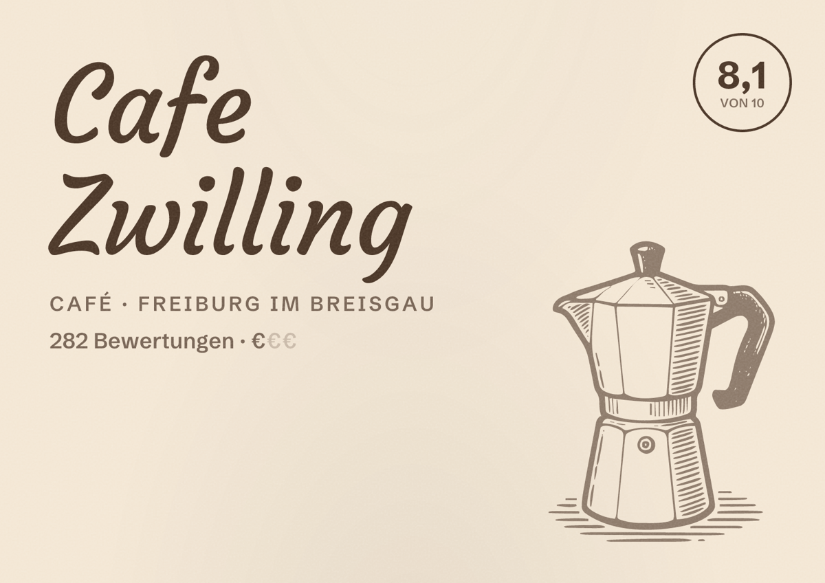 Illustriertes Poster von Cafe Zwilling, Café in Freiburg im Breisgau: Bewertung 8,1 von 10 aus 282 Bewertungen, Preisniveau €