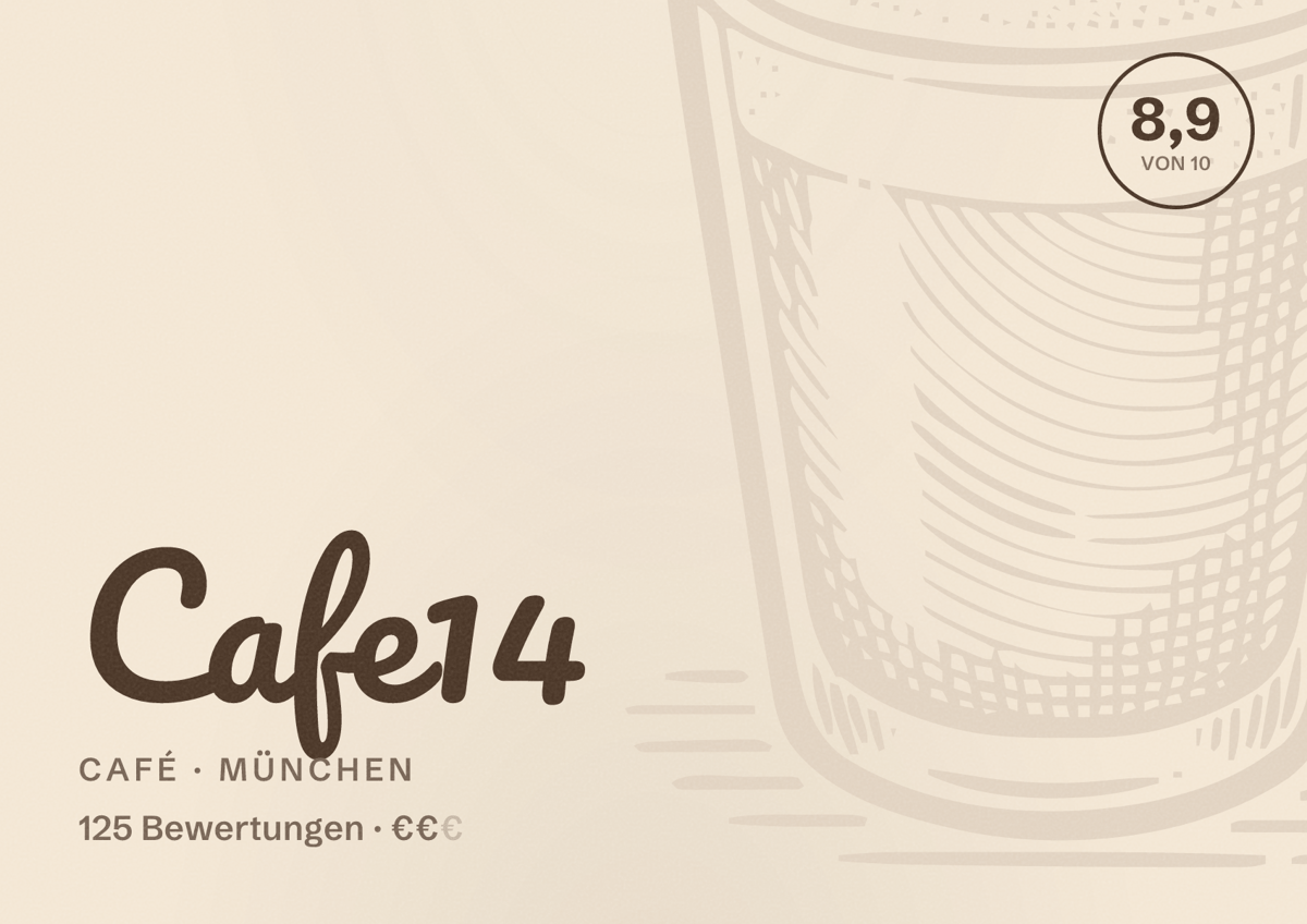Illustriertes Poster von Cafe14, Café in München: Bewertung 8,9 von 10 aus 125 Bewertungen, Preisniveau €€