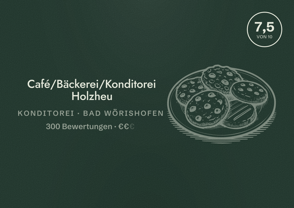 Illustriertes Poster von Café/Bäckerei/Konditorei Holzheu, Konditorei in Bad Wörishofen: Bewertung 7,5 von 10 aus 300 Bewertungen, Preisniveau €€