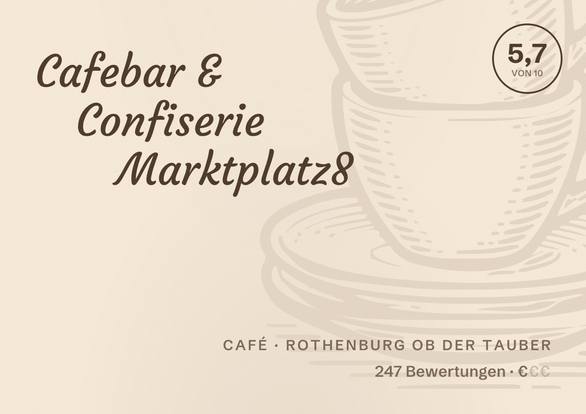 Illustriertes Poster von Cafebar & Confiserie Marktplatz8, Café in Rothenburg ob der Tauber: Bewertung 5,7 von 10 aus 247 Bewertungen, Preisniveau €