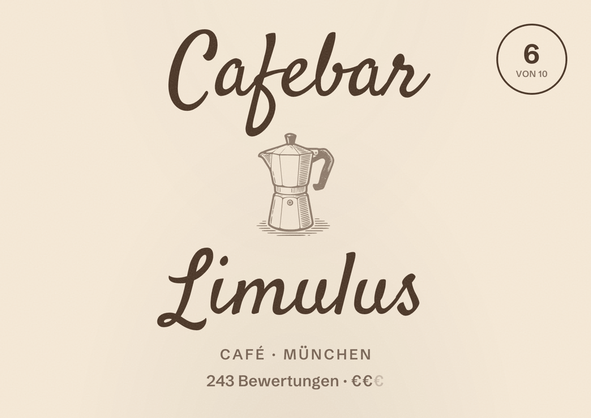 Illustriertes Poster von Cafebar Limulus, Café in München: Bewertung 6,0 von 10 aus 243 Bewertungen, Preisniveau €€