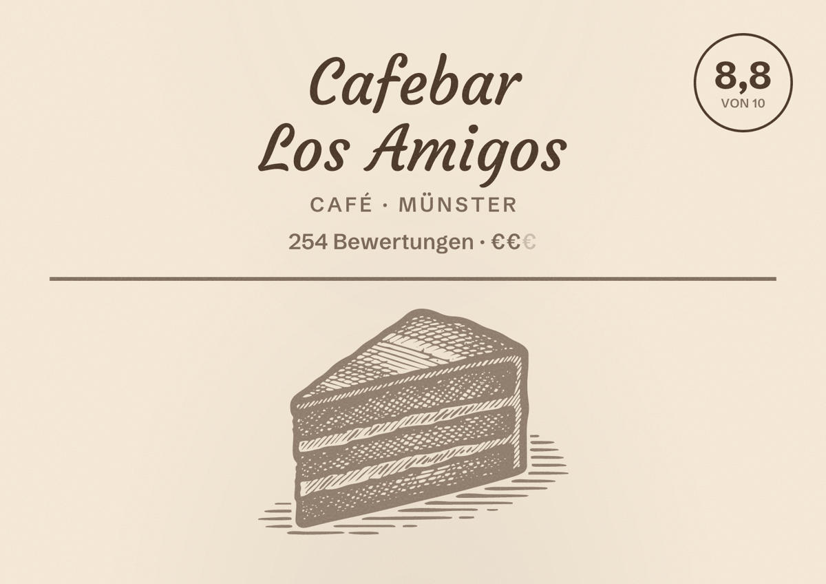 Illustriertes Poster von Cafebar Los Amigos, Café in Münster: Bewertung 8,8 von 10 aus 254 Bewertungen, Preisniveau €€