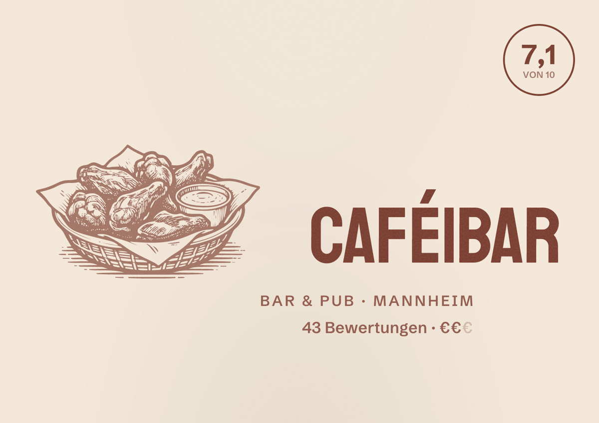 Illustriertes Poster von café|bar, Bar & Pub in Mannheim: Bewertung 7,1 von 10 aus 43 Bewertungen, Preisniveau €€