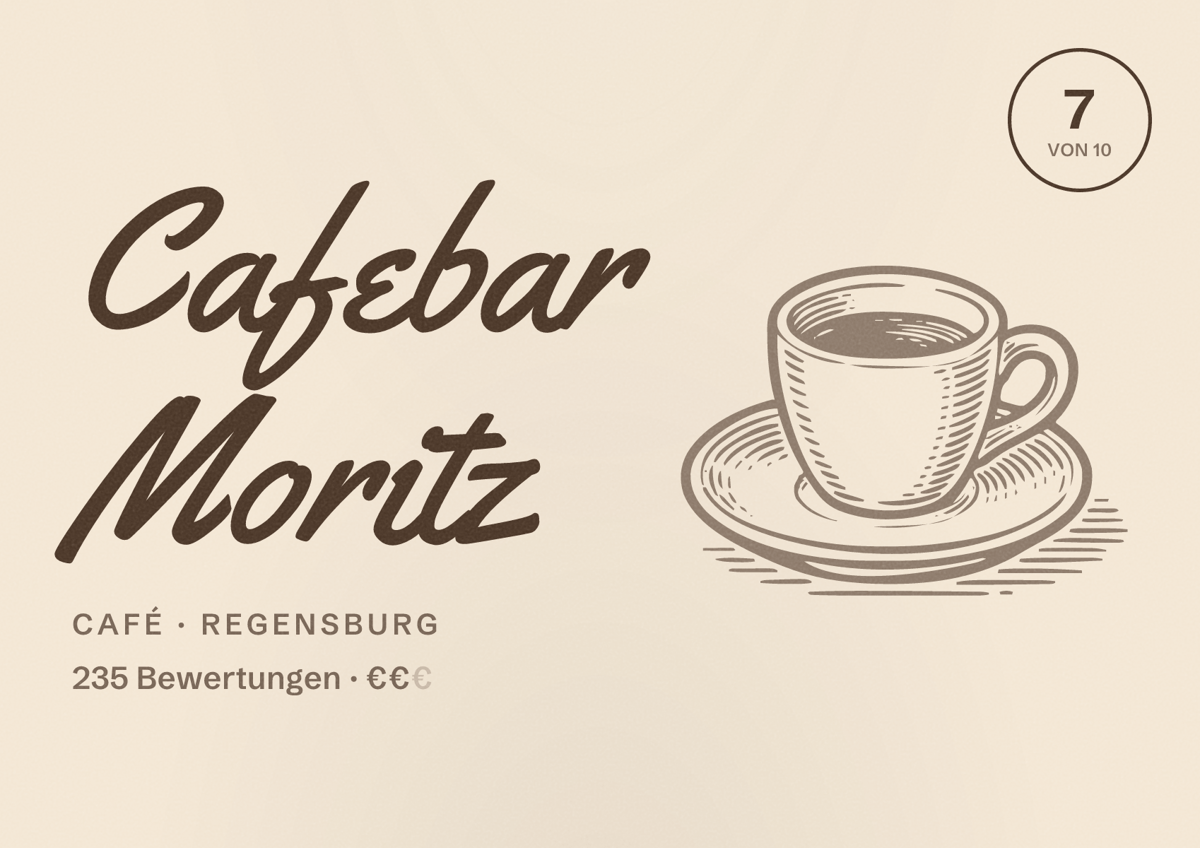 Illustriertes Poster von Cafebar Moritz, Café in Regensburg: Bewertung 7,0 von 10 aus 235 Bewertungen, Preisniveau €€