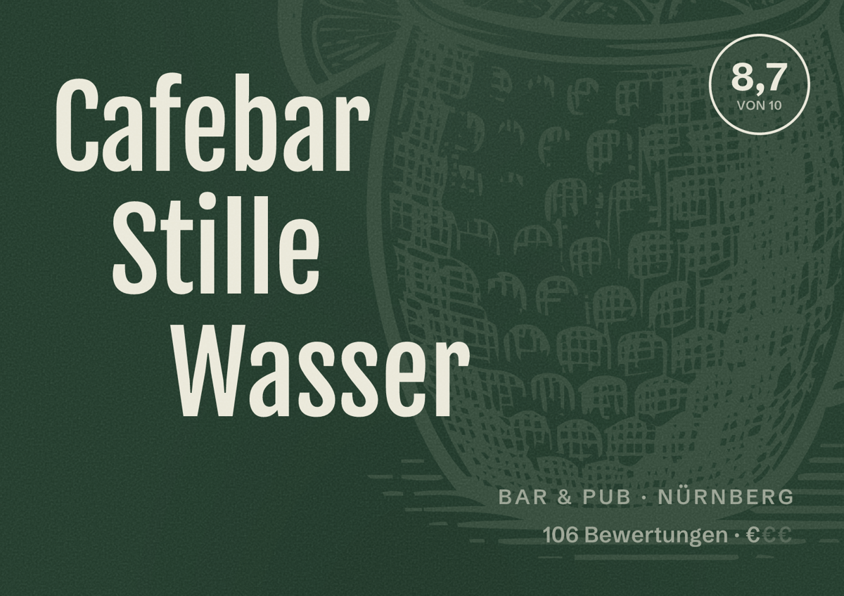 Illustriertes Poster von Cafebar Stille Wasser, Bar & Pub in Nürnberg: Bewertung 8,7 von 10 aus 106 Bewertungen, Preisniveau €