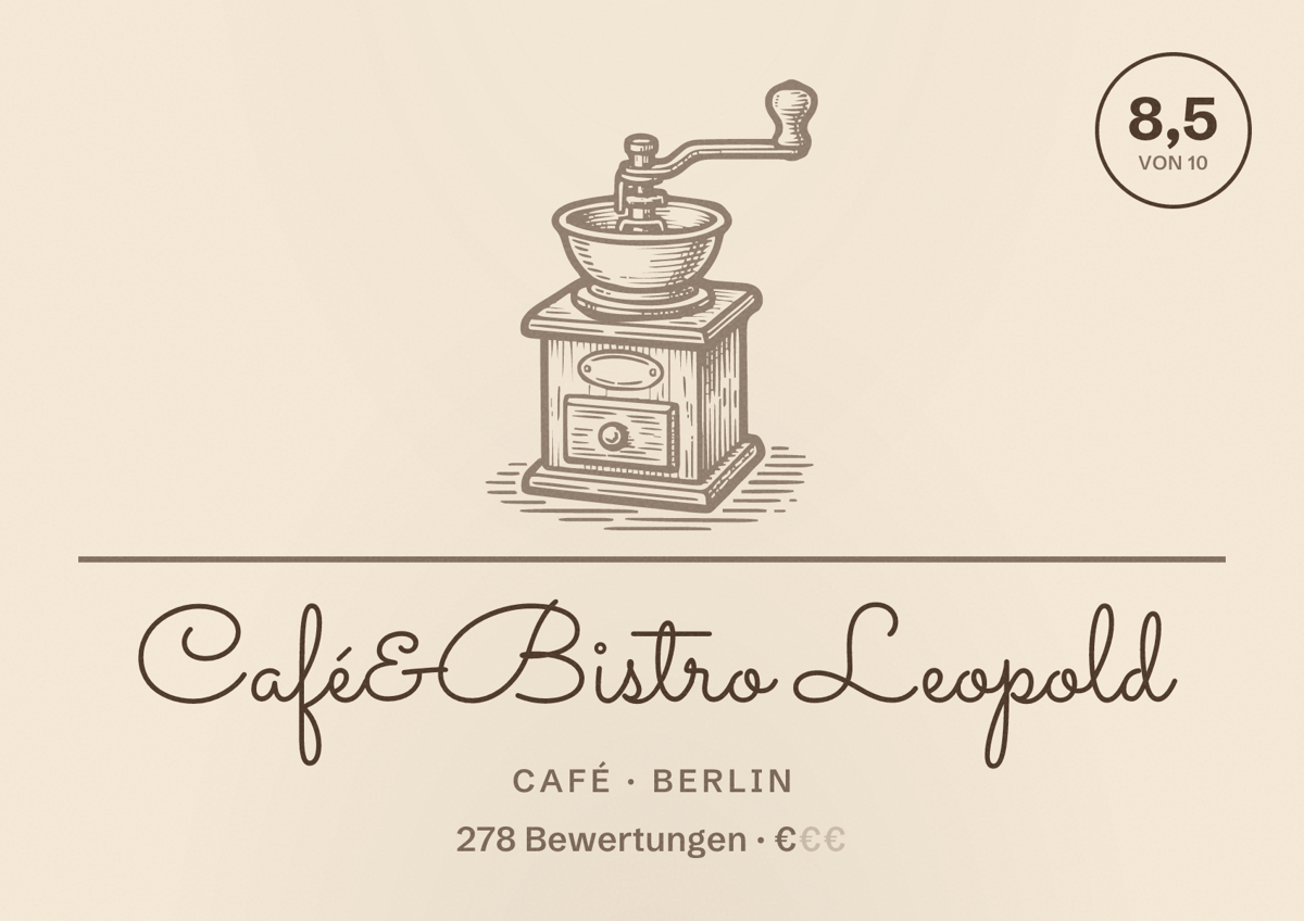 Illustriertes Poster von Café&Bistro Leopold, Café in Berlin: Bewertung 8,5 von 10 aus 278 Bewertungen, Preisniveau €
