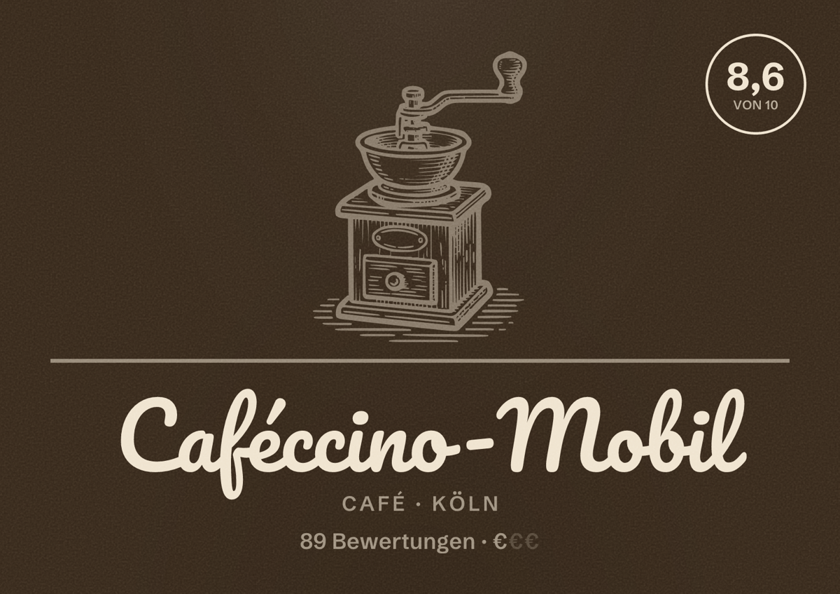 Illustriertes Poster von Caféccino-Mobil, Café in Köln: Bewertung 8,6 von 10 aus 89 Bewertungen, Preisniveau €