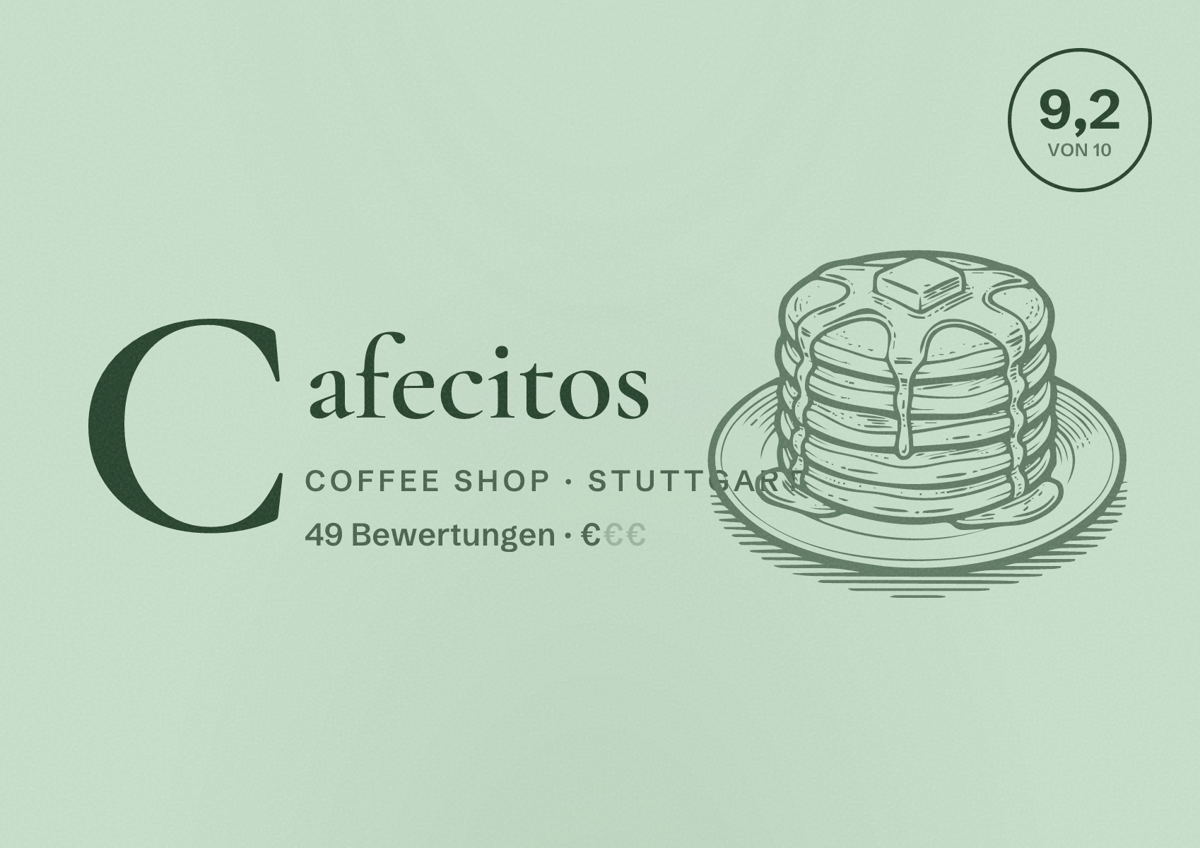 Illustriertes Poster von Cafecitos, Coffee Shop in Stuttgart: Bewertung 9,2 von 10 aus 49 Bewertungen, Preisniveau €