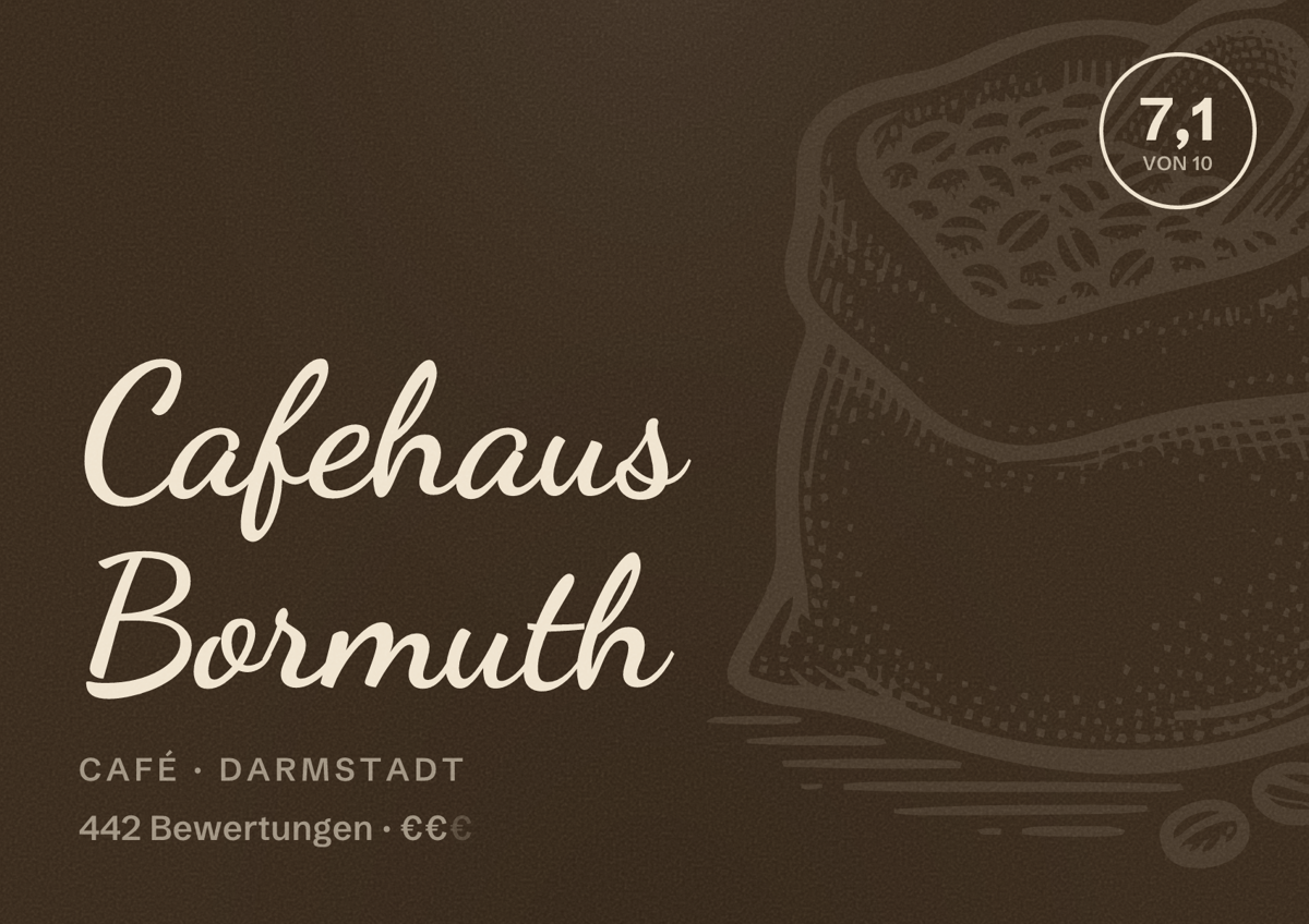 Illustriertes Poster von Cafehaus Bormuth, Café in Darmstadt: Bewertung 7,1 von 10 aus 442 Bewertungen, Preisniveau €€