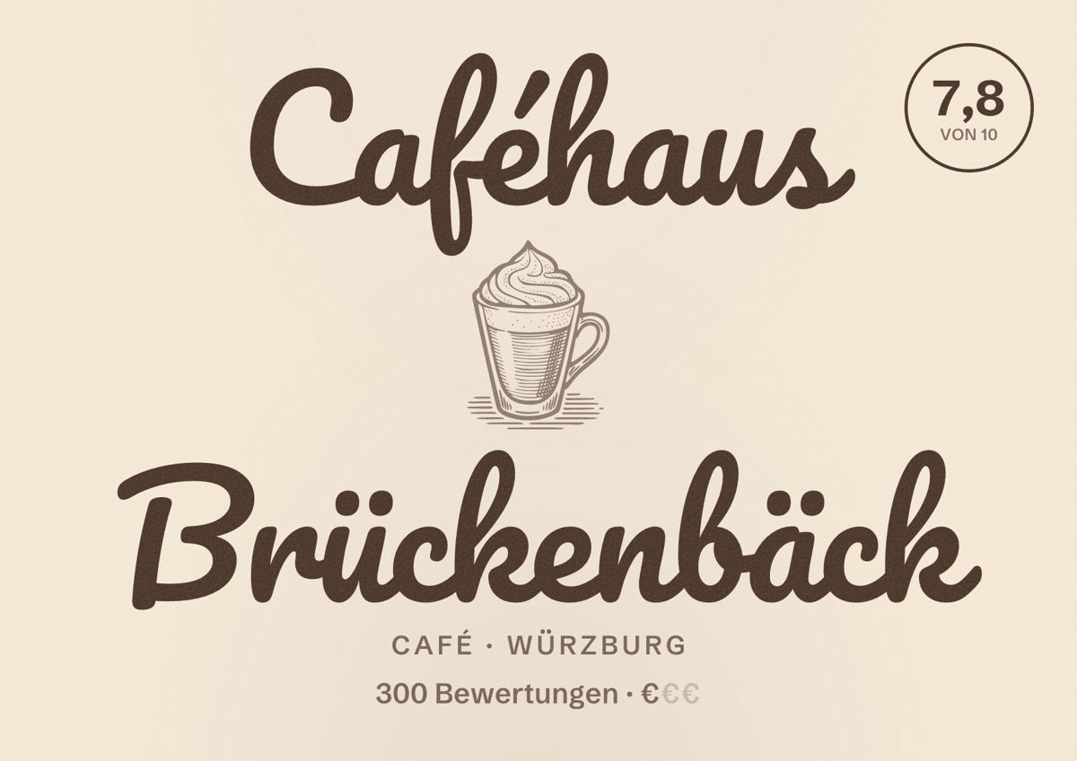 Illustriertes Poster von Caféhaus Brückenbäck, Café in Würzburg: Bewertung 7,8 von 10 aus 300 Bewertungen, Preisniveau €