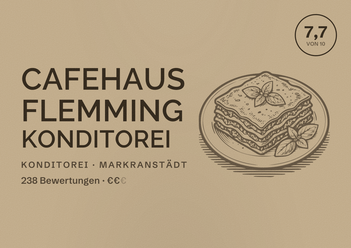 Illustriertes Poster von Cafehaus Flemming Konditorei, Konditorei in Markranstädt: Bewertung 7,7 von 10 aus 238 Bewertungen, Preisniveau €€