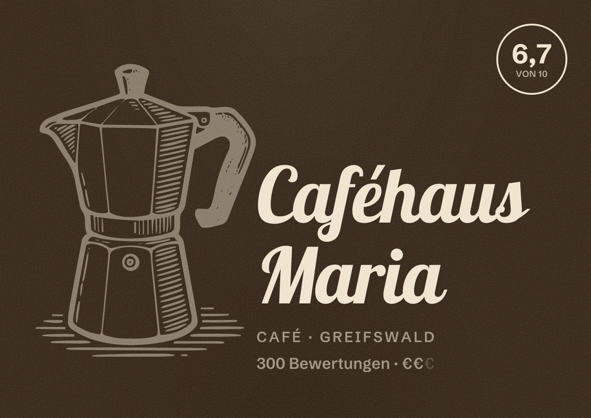 Illustriertes Poster von Caféhaus Maria, Café in Greifswald: Bewertung 6,7 von 10 aus 300 Bewertungen, Preisniveau €€