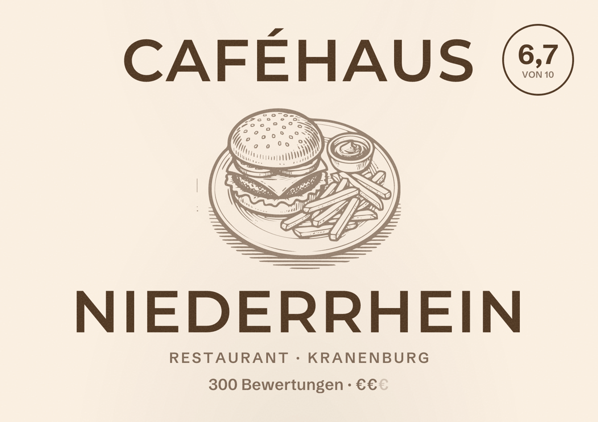 Illustriertes Poster von Caféhaus Niederrhein, Restaurant in Kranenburg: Bewertung 6,7 von 10 aus 300 Bewertungen, Preisniveau €€
