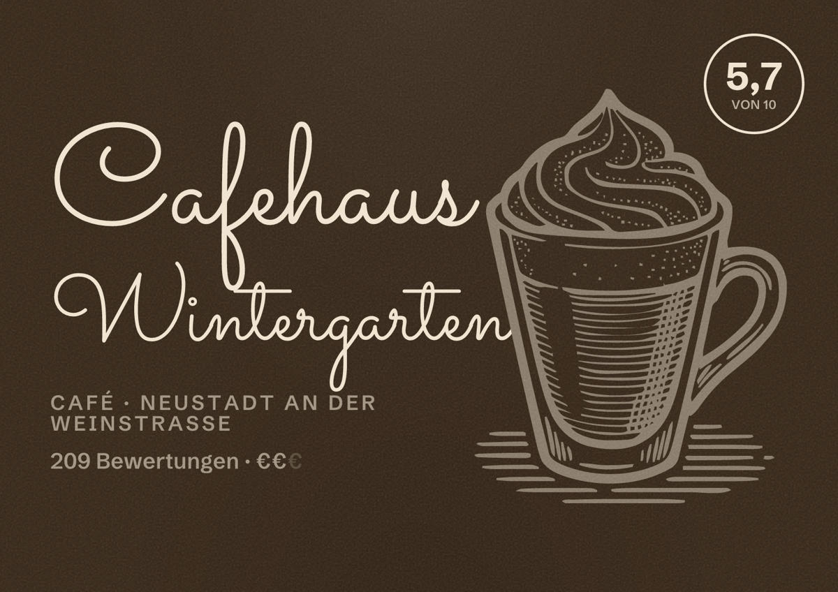 Illustriertes Poster von Cafehaus Wintergarten, Café in Neustadt an der Weinstraße: Bewertung 5,7 von 10 aus 209 Bewertungen, Preisniveau €€