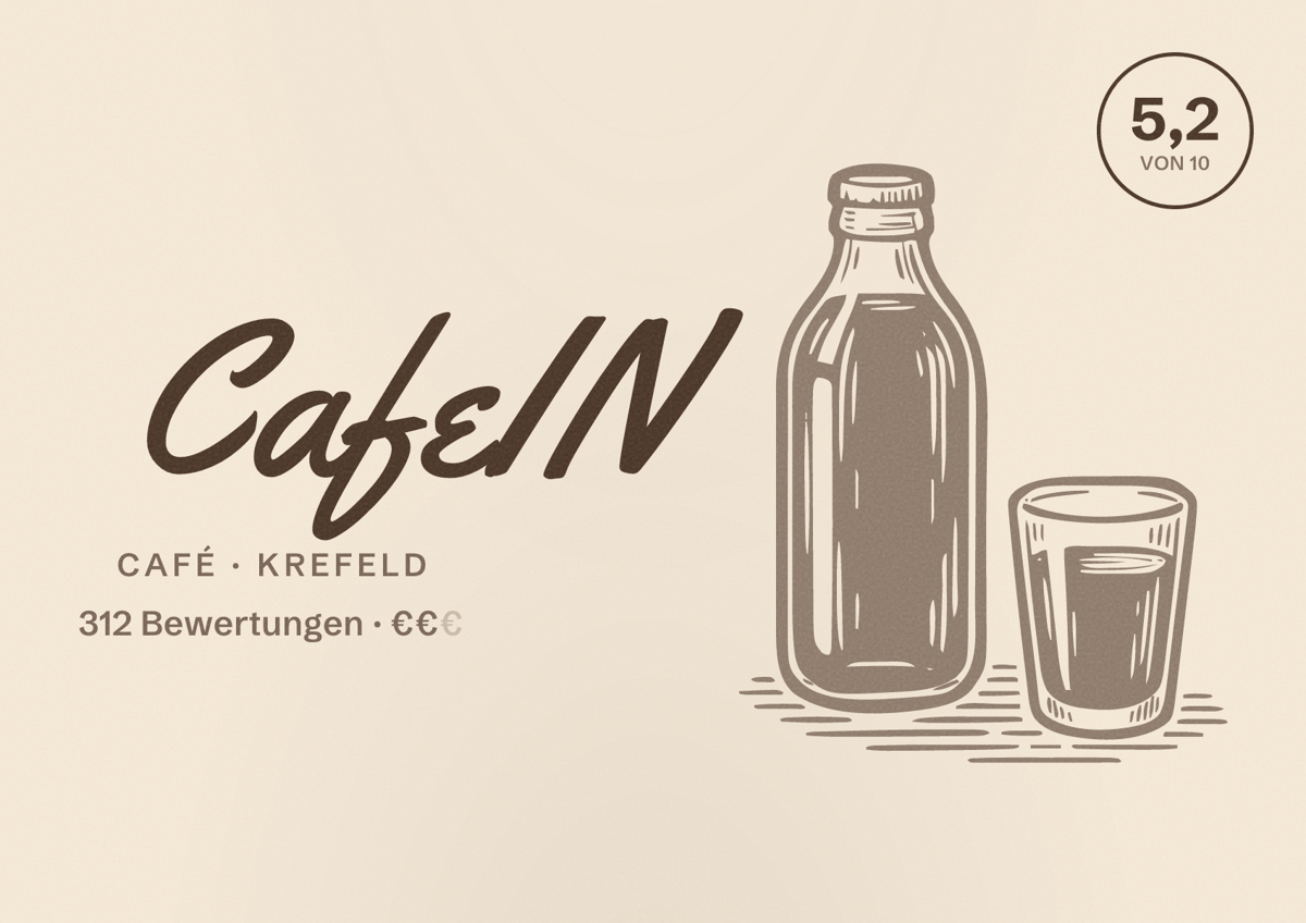 Illustriertes Poster von CafeIN, Café in Krefeld: Bewertung 5,2 von 10 aus 312 Bewertungen, Preisniveau €€