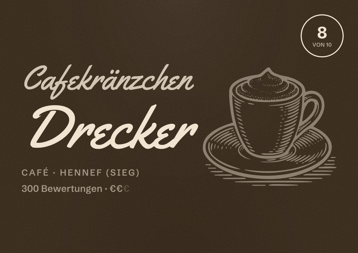 Illustriertes Poster von Cafekränzchen Drecker, Café in Hennef (Sieg): Bewertung 8 von 10 aus 300 Bewertungen, Preisniveau €€