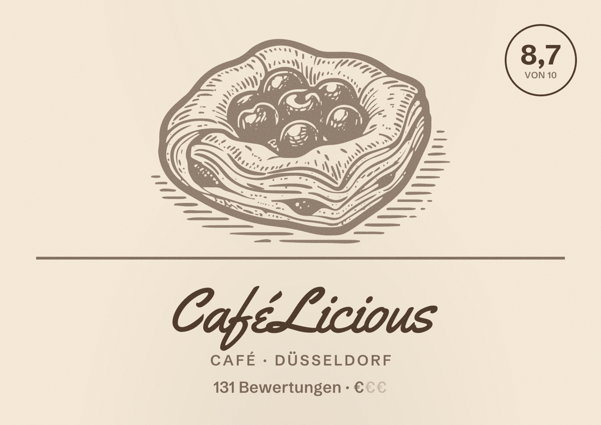 Illustriertes Poster von CaféLicious, Café in Düsseldorf: Bewertung 8,7 von 10 aus 131 Bewertungen, Preisniveau €