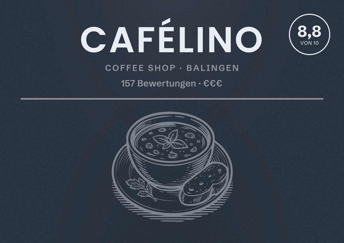 Illustriertes Poster von Cafélino, Coffee Shop in Balingen: Bewertung 8,8 von 10 aus 157 Bewertungen, Preisniveau €€€
