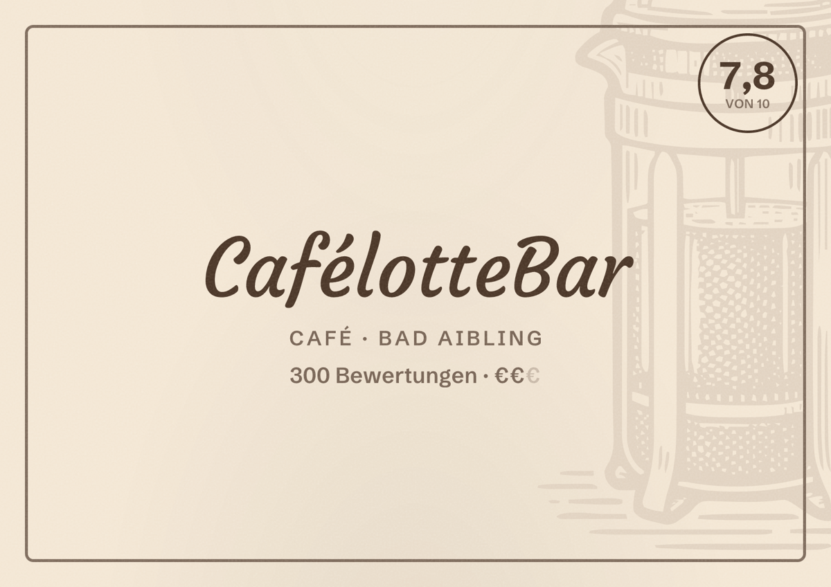 Illustriertes Poster von CafélotteBar, Café in Bad Aibling: Bewertung 7,8 von 10 aus 300 Bewertungen, Preisniveau €€