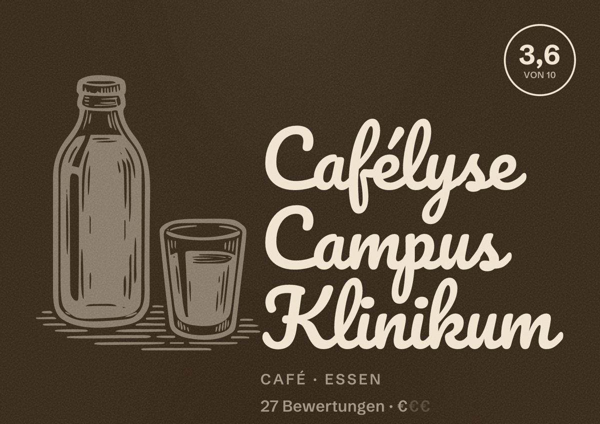Illustriertes Poster von Cafélyse Campus Klinikum, Café in Essen: Gästebewertung 3,6 von 10 aus 27 Bewertungen