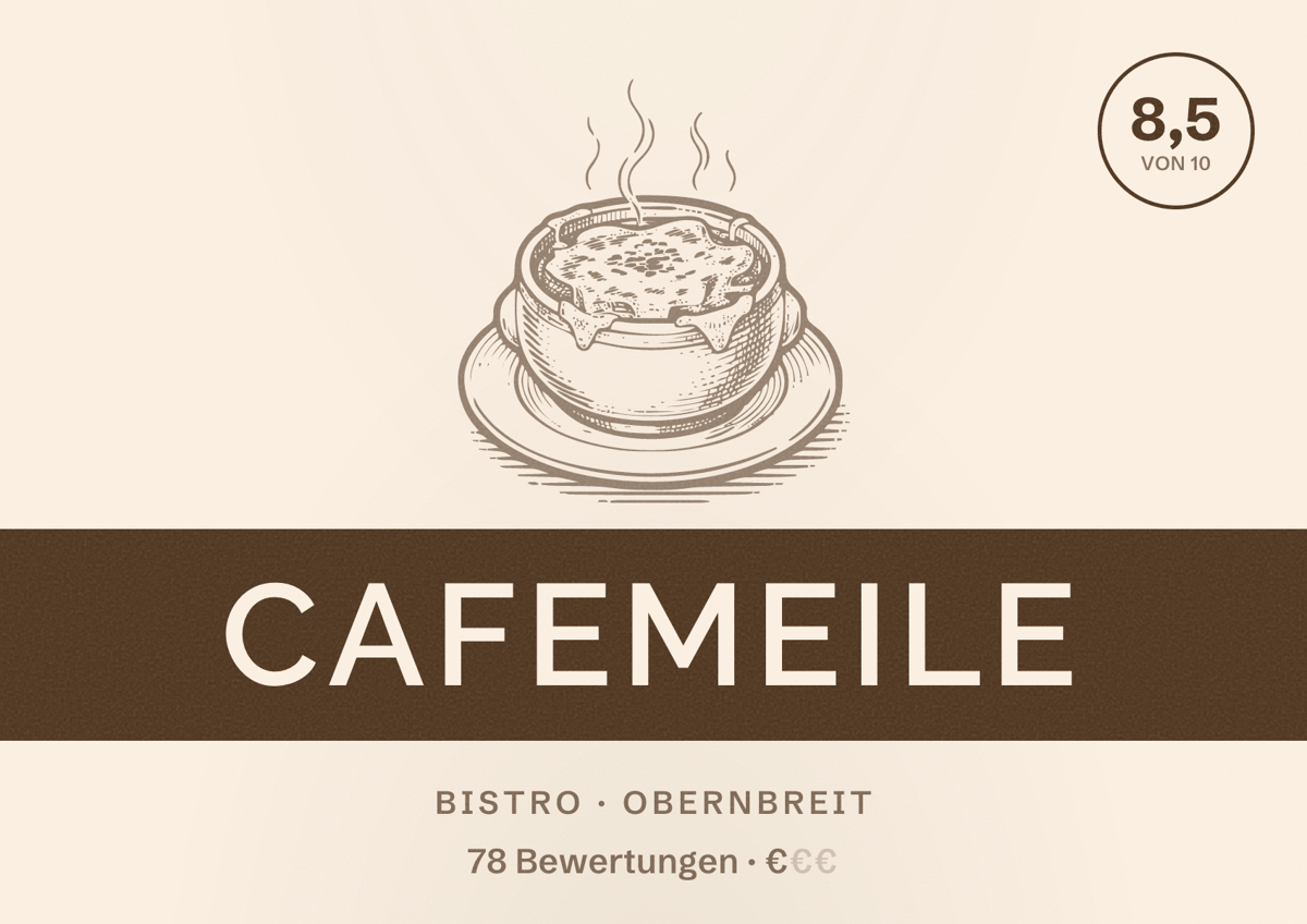 Illustriertes Poster von Cafemeile, Bistro in Obernbreit: Bewertung 8,5 von 10 aus 78 Bewertungen, Preisniveau €