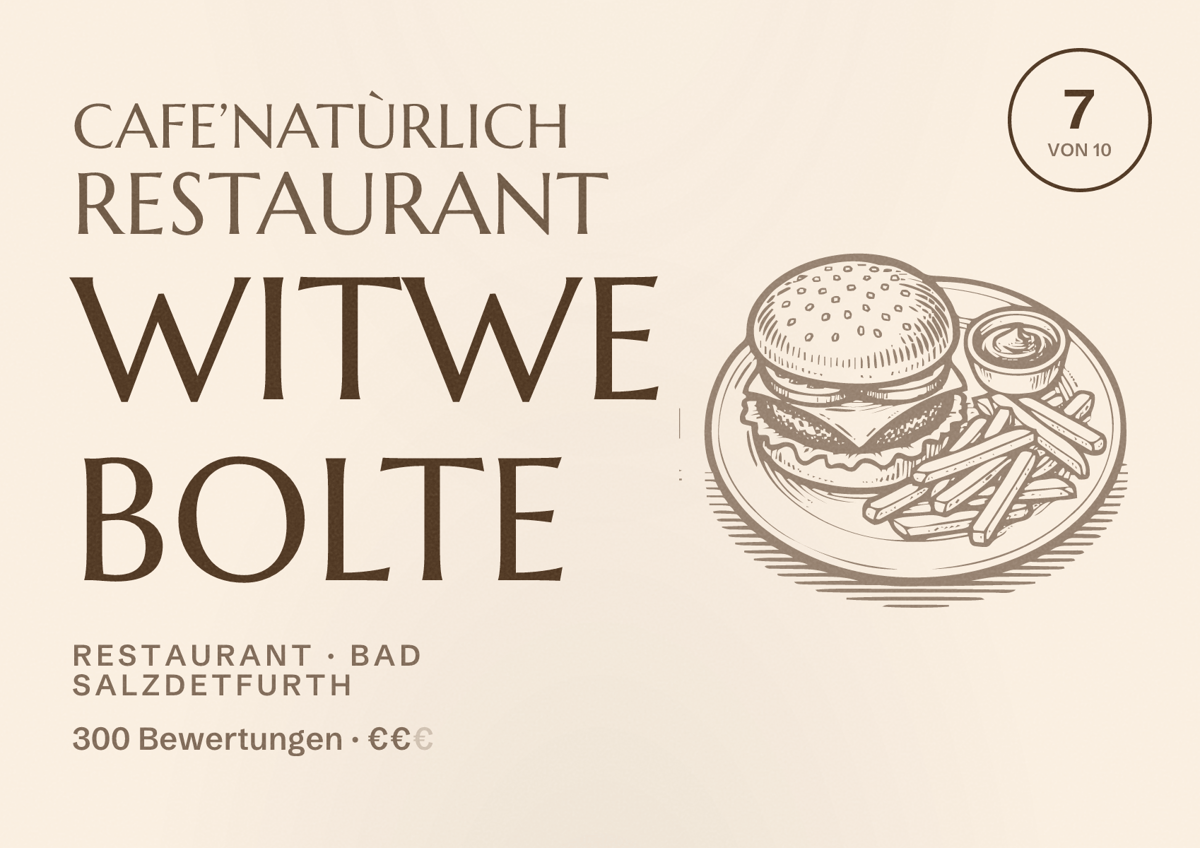 Illustriertes Poster von Cafe’Natùrlich Restaurant Witwe Bolte, Restaurant in Bad Salzdetfurth: Bewertung 7 von 10 aus 300 Bewertungen, Preisniveau €€