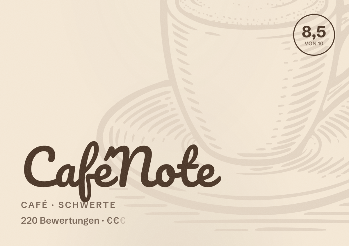 Illustriertes Poster von CaféNote, Café in Schwerte: Bewertung 8,5 von 10 aus 220 Bewertungen, Preisniveau €€
