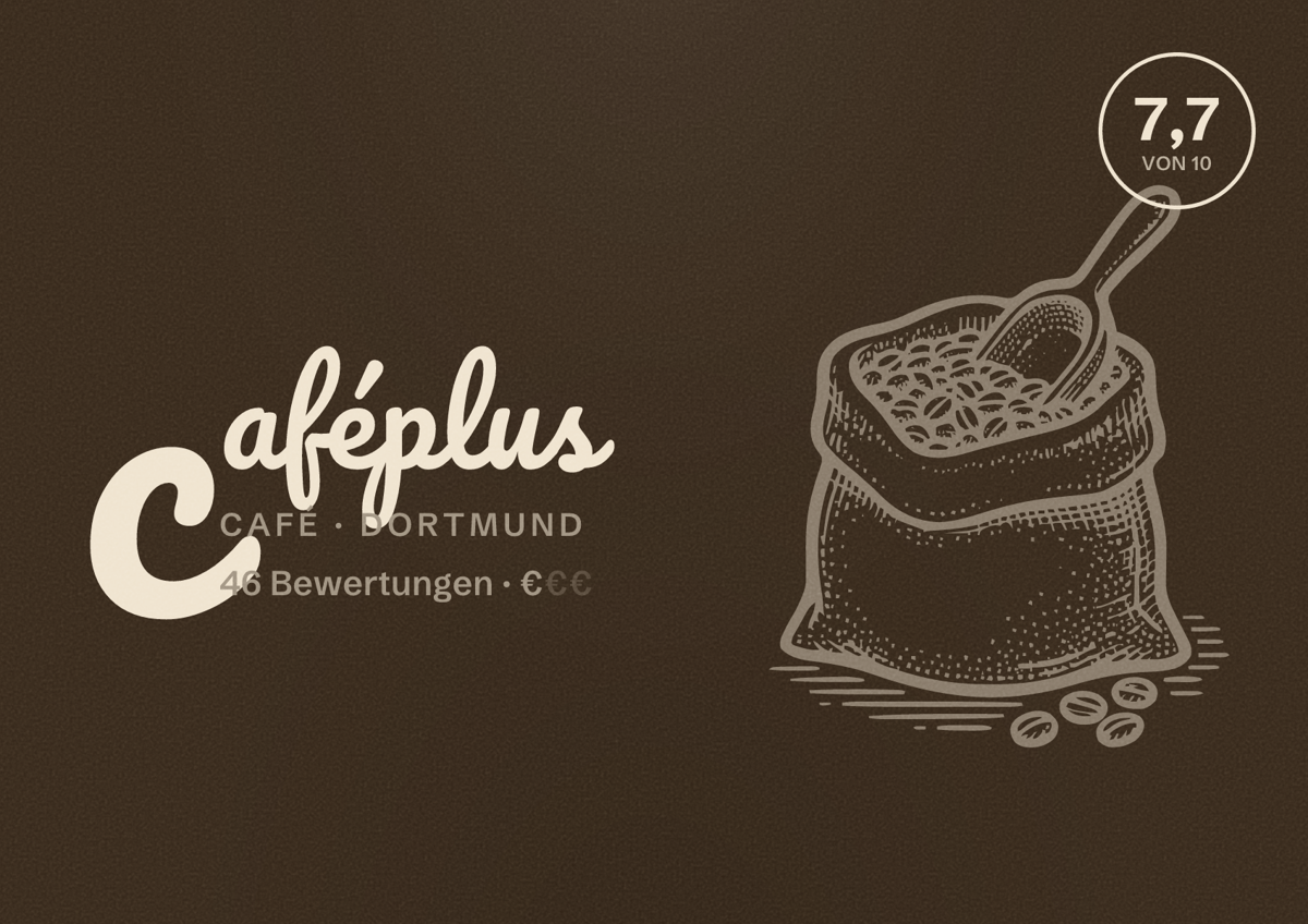Illustriertes Poster von caféplus, Café in Dortmund: Gästebewertung 7,7 von 10 aus 46 Bewertungen