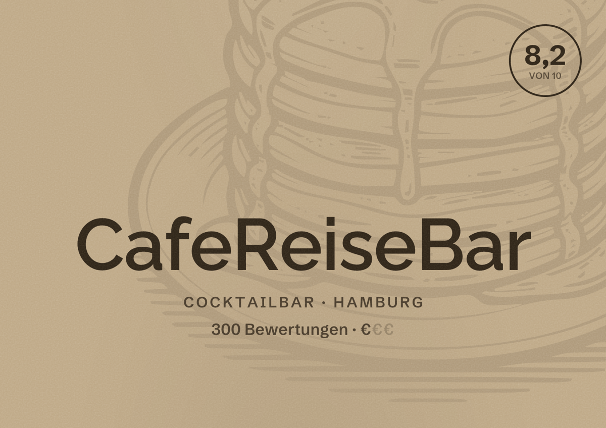 Illustriertes Poster von CafeReiseBar, Cocktailbar in Hamburg: Bewertung 8,2 von 10 aus 300 Bewertungen, Preisniveau €
